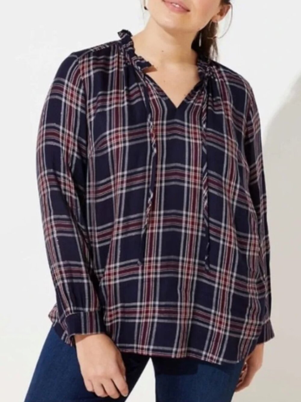 LOFT Plus Plaid Shimmer Top Blouse Size 24 Navy Blue Burgundy Peasant Rayon